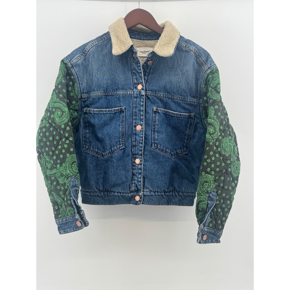 Isabel Marant Etoile‎ Denim Jacket Quilted Paisley Sleeves Sherpa Collar Blue 34
